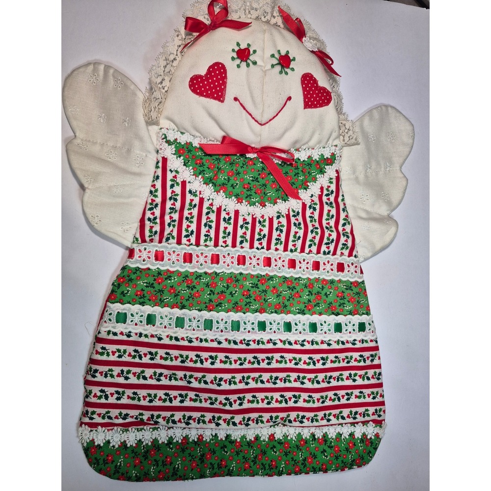 Vintage Handmade Quilted Christmas Angel Wall Hanging Bag Holly Lace Red Green